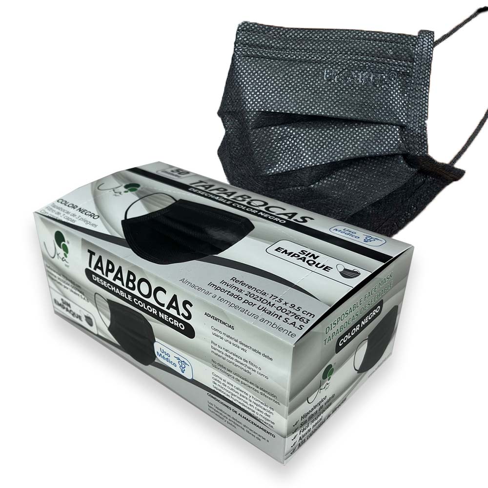 Tapabocas x50 Und sin empaque Invima 3 Capas Negro