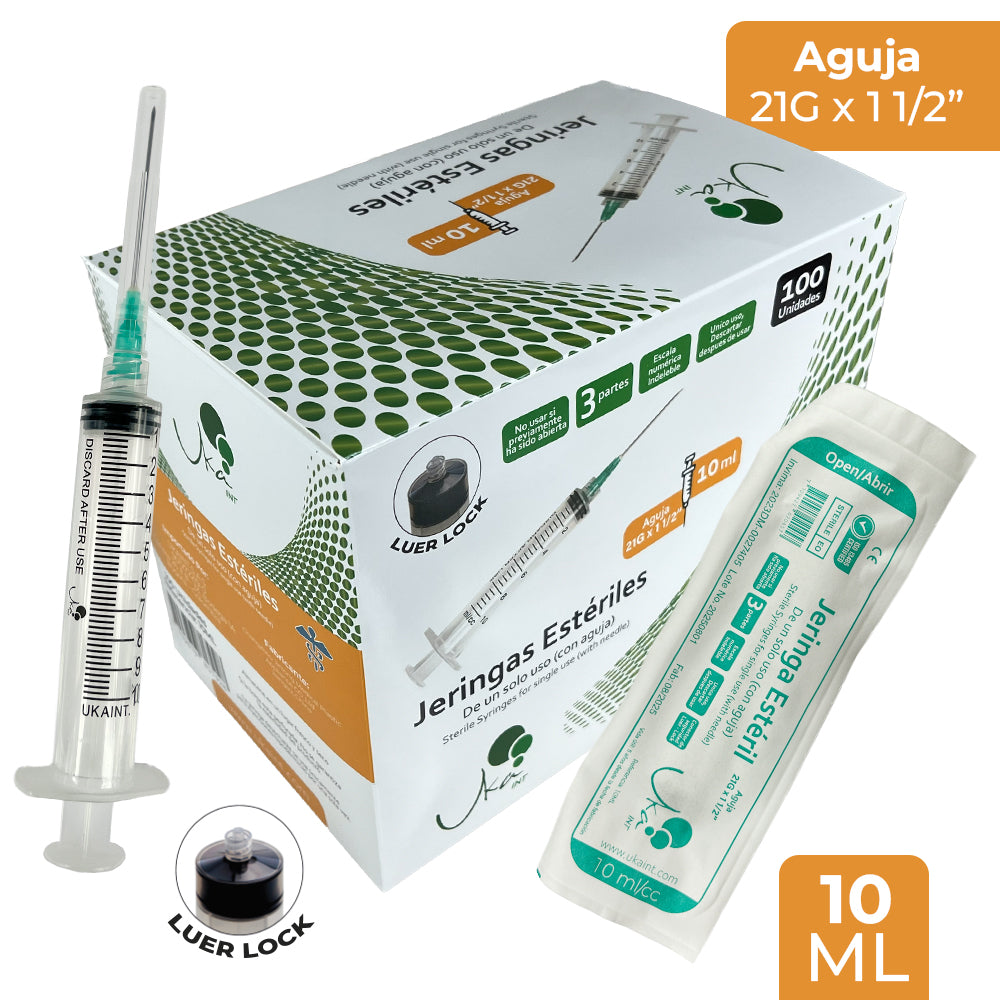 Jeringa Esteril 10 ml x 100u aguja 21gx1 1/2 Ukaint