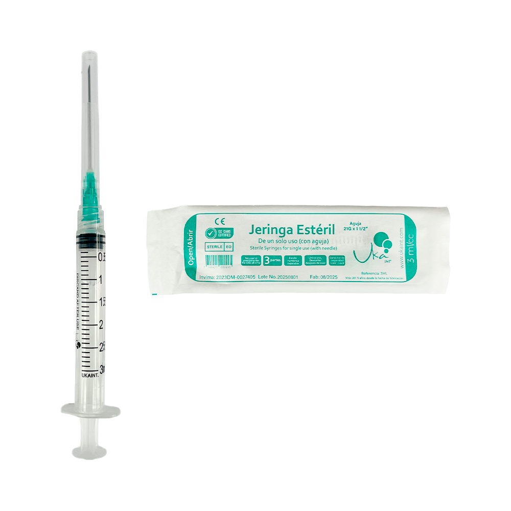 Jeringa Esteril 3 ml x 100u aguja 21g x11/2 Ukaint