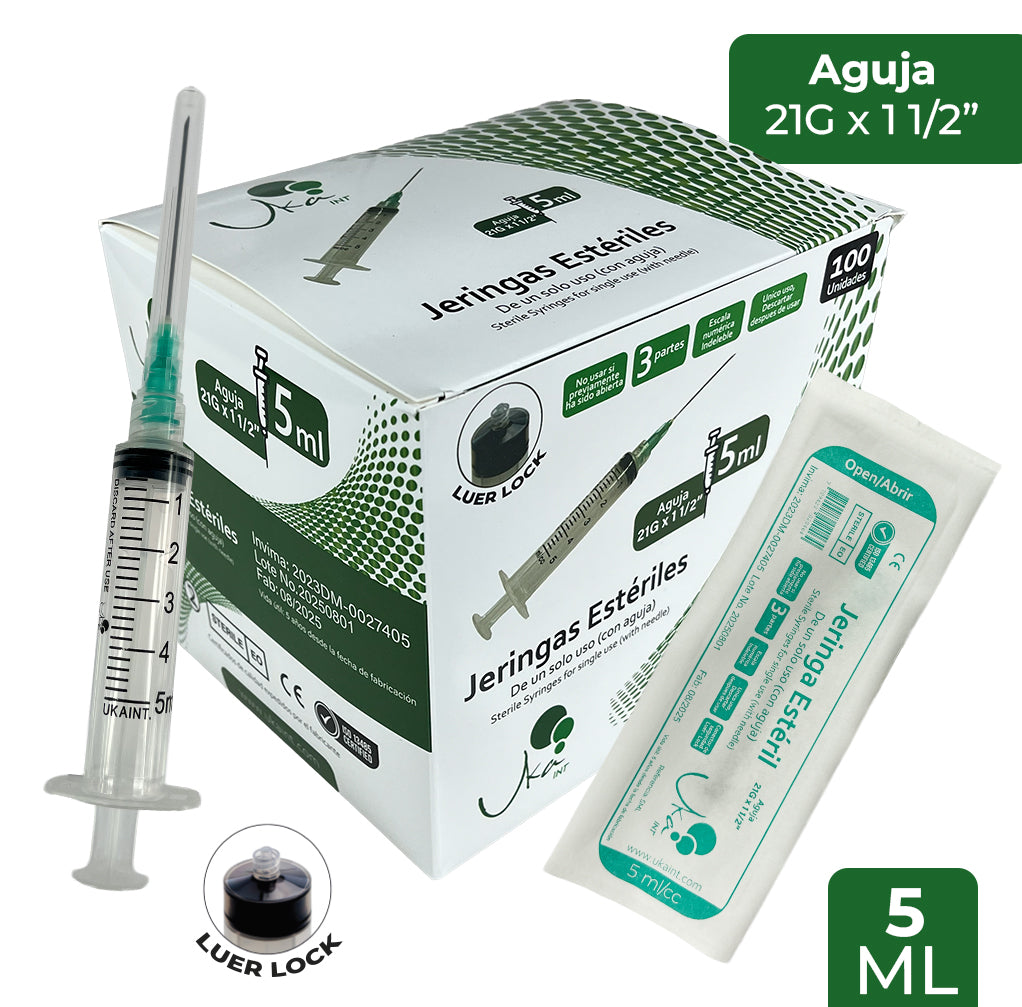 Jeringa Esteril 5 ml x 100u aguja 21gx1 1/2 Ukaint